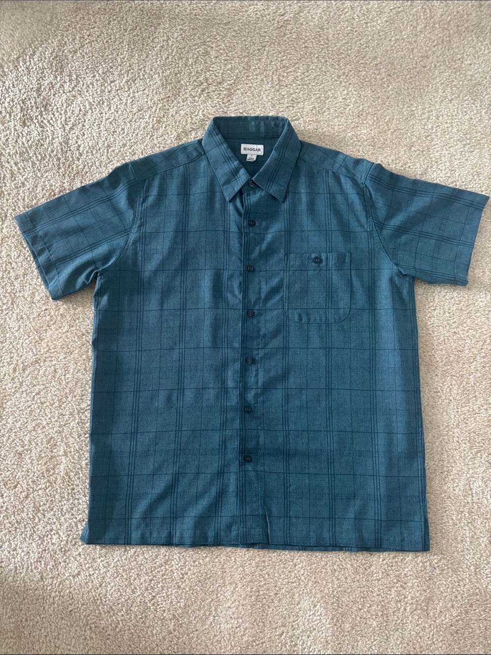 Haggar Teal Grid Short-Sleeve Button-Down Shirt